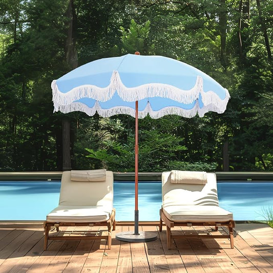 7ft Patio Beach Umbrella with Fringe, Outdoor Umbrella for Poolside, Blue | MFSTUDIO Tassel Umbrellas UPF50+ with Sand Anchor & Tilt Button, Holiday Outdoor Umbrella with Carry Bag, Ideal for Garden