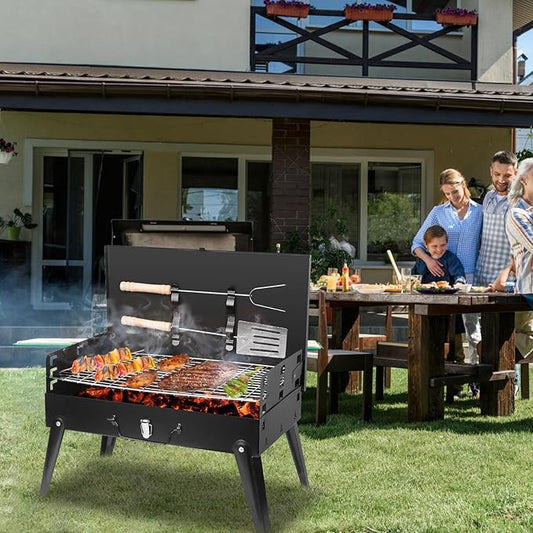 Portable Charcoal Grill - Foldable BBQ Grill with Adjustable Height & Convenient Storage for Outdoor Cooking, Picnics, Camping, and Backyard Grilling (16.7x10x17.7in)