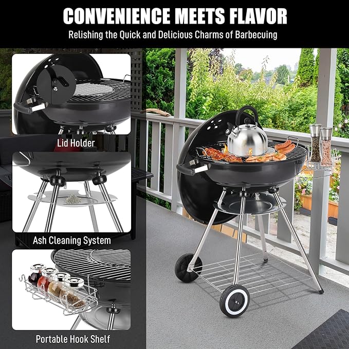 28" Charcoal Barbecue Grill with Adjustable Air Vent, Storage Rack, 2 Wheeled Portable Grill for Camping, Outdoor Cooking, and More