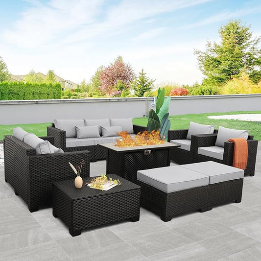 Rattaner 8 PCS Outdoor Furniture Sets 60000BTU 45-Inch Outdoor Propane Fire Pit Table Patio Furniture Set No-Slip Cushions and Waterproof Covers, Light Grey