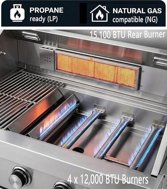 32-Inch Built-In Propane Gas Grill Head, 5 Burner, 304 Stainless Steel, 63,100 BTUs, Infrared Rear Burner, Natural Gas Convertible, Outdoor Cooking