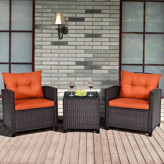 HAPPYGRILL 3 Pieces Patio Conversation Set, Outdoor Furniture Set PE Rattan Sofa Set with Removable Cushions, PE Wicker Chairs with Tempered Glass Side Table for Porch Lawn Garden Balcony Backyard
