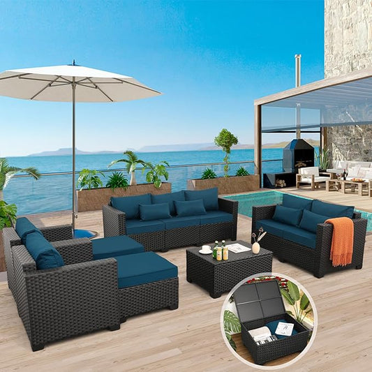 Rattaner Patio Furniture Set 7 Pieces Couch Outdoor Chairs Coffee Table Peacock Blue Anti-Slip Cushions and Waterproof Covers