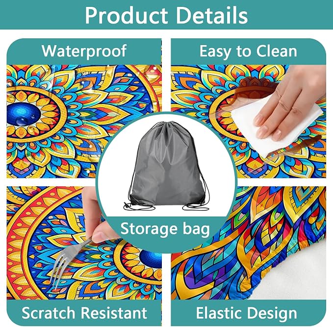 Fitted Picnic Table Cover with Bench Covers,Bohemian Waterproof Elastic Edges Rectangle Patio Tablecloth Outdoor Camping Essentials Stuff Rv Accessories Summer Travel Trip Camper Gifts
