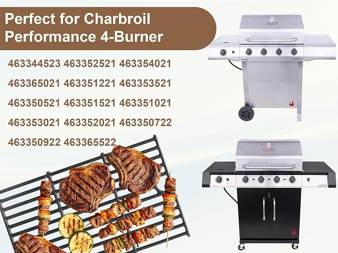 Grill Replacement for Charbroil Performance 4-Burner Gas Grills 463344523 463352521 463354021 463365021, 17" Cast Iron Cooking Grates, Stainless Steel Heat Plates, Burner Tubes & Igniters Parts Kit
