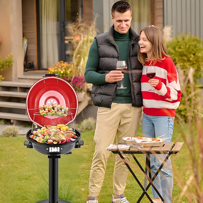ROVSUN 1600W Vertical Electric Grill with Lid, Red 304 Stainless Steel Grill w/Detachable Pull-out Drip Tray, Double Layer Design, Portable & Removable, for Indoor and Outdoor Use