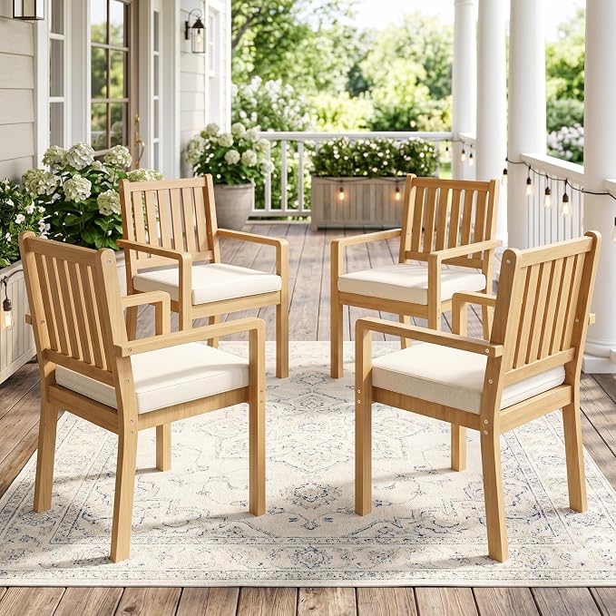 Wisteria Lane Acacia Patio Dining Chairs Set of 4, Outdoor Wood Chairs with Thick Cushions, Modern Patio Seating for Porch, Backyard, Garden, Indoor Use, Brown