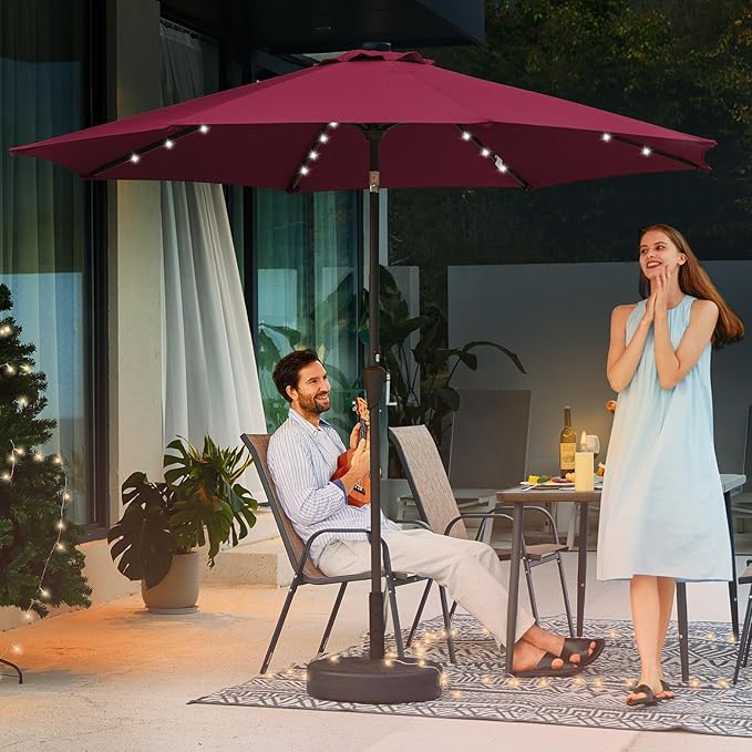 JEAREY 9FT Outdoor Patio Umbrella with Solar Lights, LED Lighted Pool Umbrella with Tilt and Crank, Outdoor Table Umbrellas for Deck, Yard & Market (Burgandy)