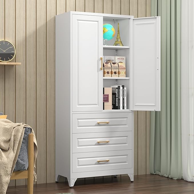 Polup Kitchen Pantry Cabinet, 75" Tall Pantry Cabinet with Three Drawers, Metal Storage Cabinets with Doors and Shelves, Freestanding Food Cupboard for Dining, Living Room, White, Assembly Required