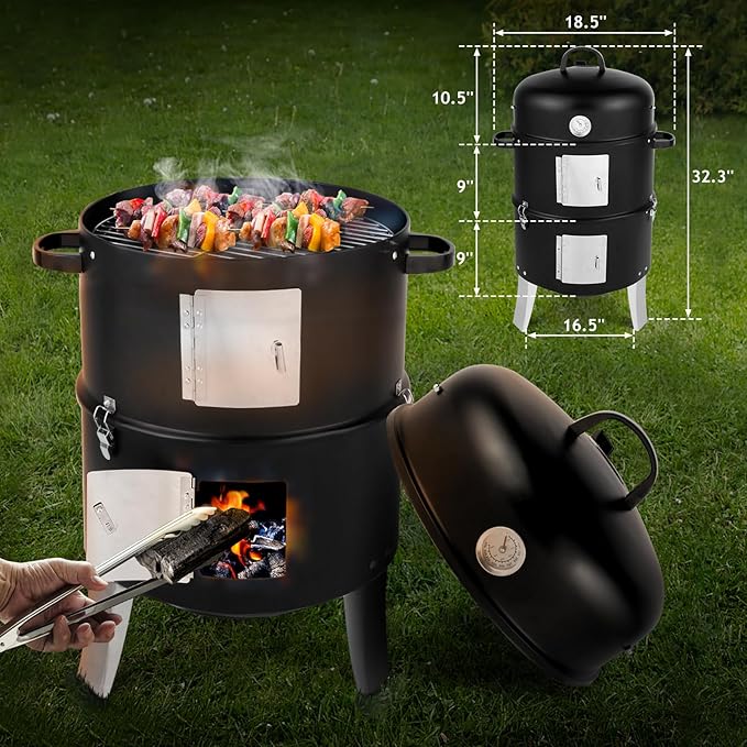 32" Portable Steel Barrel Charcoal Grill,Metal Outdoor Barbecue Smoker,Heavy Duty Outdoor BBQ Grill,Vertical Camping Barbecue Grill,with Thermometer,for Garden Patio Beach Backyard (Black)