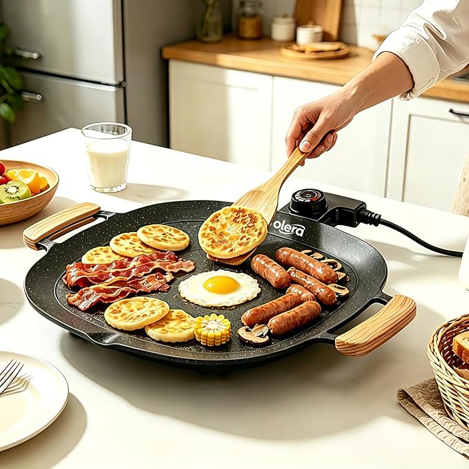Smokeless Indoor Electric BBQ Grill with Wooden Handles – Adjustable Temp Nonstick Griddle, Perfect for Steak, Pancakes & Low-Fat Meals, Easy to Clean & Dishwasher Safe