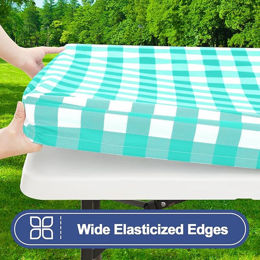 Smiry Picnic Table Cloth 2 Pack, Waterproof Elastic Fitted Tablecloths for 6FT Rectangle Tables, Washable Polyester Buffalo Plaid Tablecloth for Camping, Dining & Outdoor (Teal & White, 30" x 72")