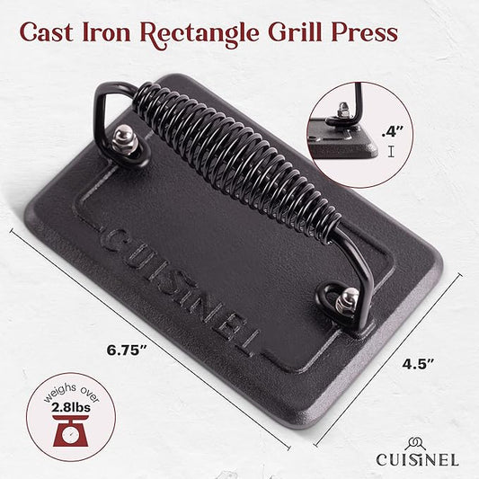 Cuisinel Grill Press - Cast Iron Burger Press for Bacon, Steak & Hamburgers - 6.75" x 4.5" Rectangular Pre-Seasoned 2.8-lb. Weight Sandwich Maker - Griddle, BBQ Accessory - Comfort-Grip Handle