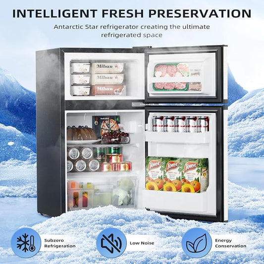 Antarctic Star 3.2 Cu.Ft,Mini Refrigerator with Freezer,Double Door Mini Fridge,Compact Refrigerator,Adjustable Thermostat,Mini Refrigerator for Bedroom/Office/Dorm/Kitchen(Silver)