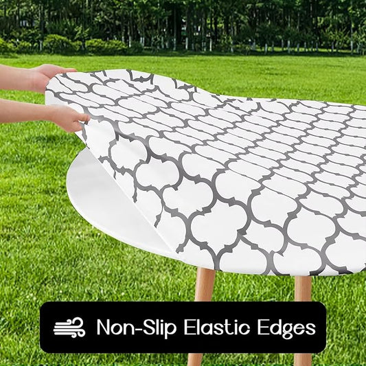 Romanstile Round Fitted Vinyl Tablecloth with Elastic Edge 100% Waterproof | Table Covers for 45"- 56" Tables, Wipeable Flannel Backed Plastic Table Cloths for Dinner Picnic Camping, WhiteMoroccan