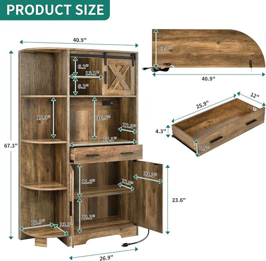 YITAHOME 67" Farmhouse Pantry with Power Outlet & Sliding Barn Door, Oak | Freestanding Hutch with Charging Station, Shelves & Drawer for Kitchen and Dining Room