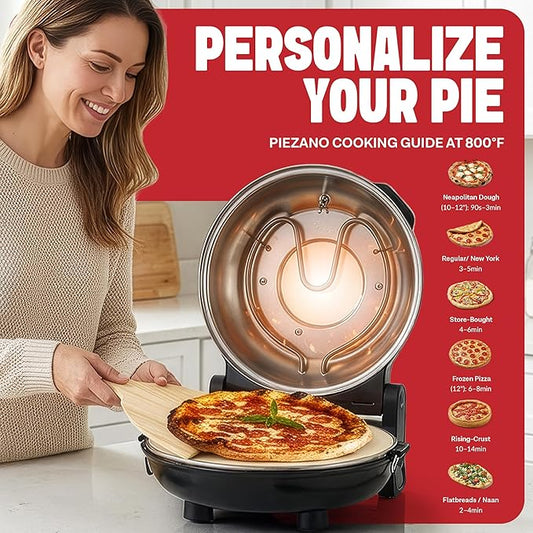 PIEZANO XL 14 Inch Electric Indoor Pizza Oven Heats up to 800˚F - Pizza Maker with Stone for Crispy Crust Pizza, Cooks in Under 6 Minutes, Countertop, Dual Heat Control, Peels & Scraper Included