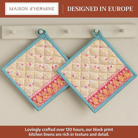 Maison d' Hermine Pot Holders 100% Cotton Potholders (8" x 8", Pack of 2) | Heat Resistant Hot Pads with Loop BBQ Cooking Baking Hotel Kitchen Handling Hot Pans Thanksgiving Christmas - Carpo