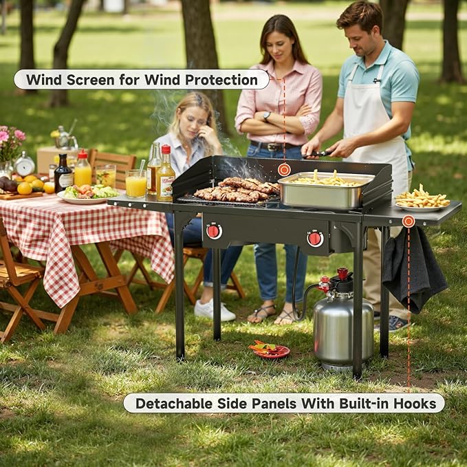 High Pressure Propane Stove, 2 Burner Outdoor Propane Burner with Windscreen & Side Shelves, 150,000 BTU Gas Stove with 0-20 PSI Regulator for Camping, Backyard, Picnic, Outdoor Cooking