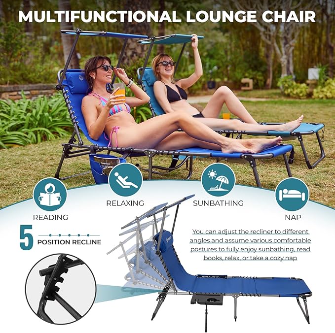 FUNDANGO 4 in 1 Tanning Chair with Face Hole, Beach Lounge Chair with Canopy Shade & Side Table Chaise Lounge Chairs for Patio, Pool, Lawn, Sunbathing, 5-Position Adjustable Sun Lounger, Blue
