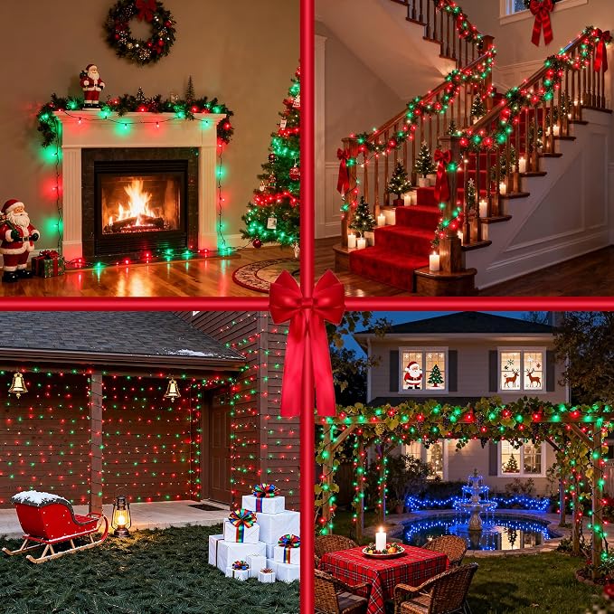 Christmas Tree String Lights 75FT 300 LED Red & Green | Dimmable, 12 Light Styles, Memory Timer, Waterproof, 29V Safe Low Voltage, Diamond-Faceted LED, Energy Efficiency