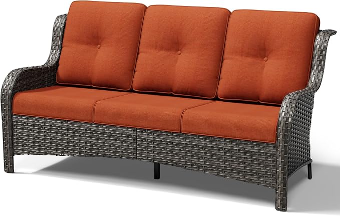 Joyside Outdoor Patio Couch, 3 Seater Outdoor Wicker Sofa with High Back, Deep Seating, Wide Armrest, Thickened Cushions, Patio Sofa for Deck, Porch Use