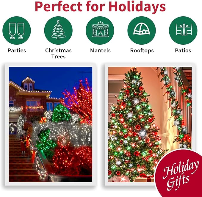 66ft Christmas Decorative Mini Lights, 200 LED Green Wire Fairy Starry String Lights Plug in, 16 Lighting Modes for Outdoor Xmas Tree Wedding Party Decoration (Red Green White)