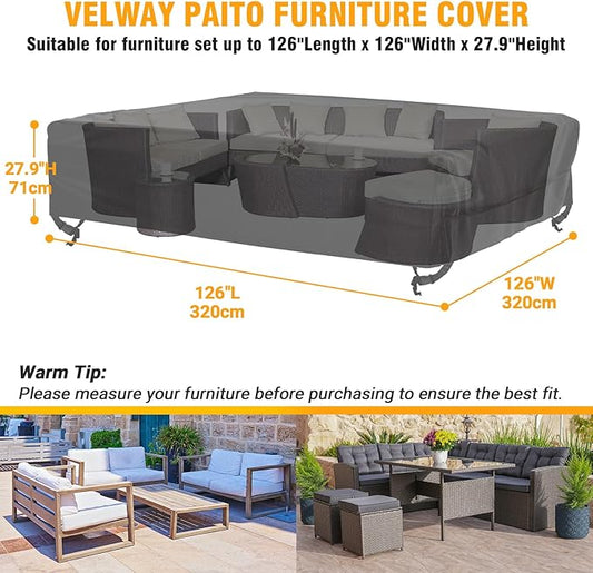 elway Patio Furniture Cover Waterproof Outdoor Sectional Sofa Set Covers, Large 126"Lx126"Wx28"H, All Weather Oxford Tear-Resistant Table Chair Set Cover with Windproof Design, Black
