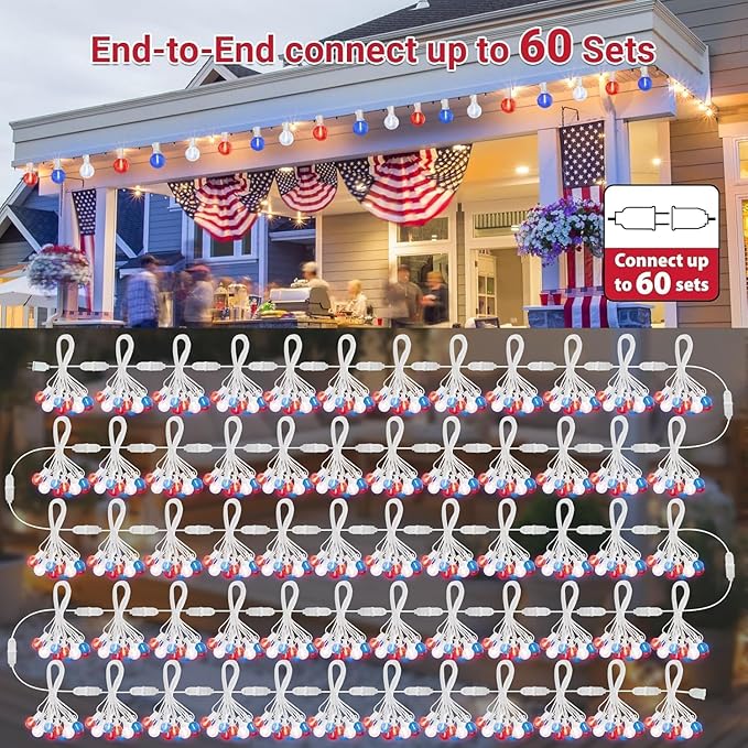 LAMPHOME 2-Pack 26Ft Outdoor Red White Blue String Lights, Patriotic Patio Light with 12+1 Edison Bulbs, LED Shatterproof String Lights for Outside Bistro Christmas Patio Party Decorations