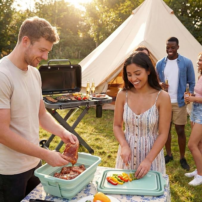 Feasto Collapsible BBQ Prep Tubs with Cutting Board, 9-IN-1, 2 Tubs Portable Grill Prep Station with Side Brackets, Lids, Knives, Meat Claws and Drain Rack, Space-Saving for Kitchen & Camping, Green