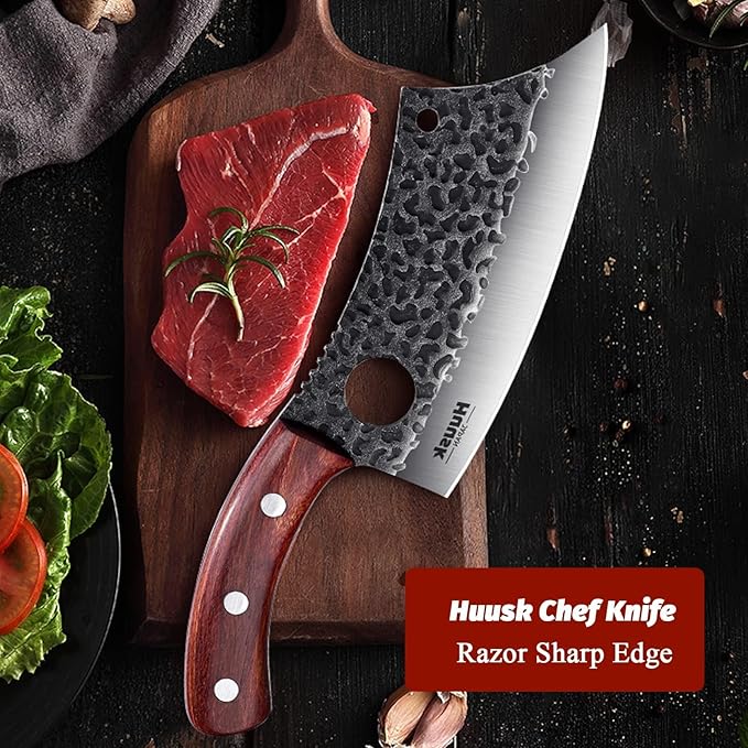 Huusk Meat Cleaver Knife, Hand Forged Butcher Knife for Meat Cutting, Full Tang Viking Knives with Sheath, Japanese Chef Knives for Outdoor Cooking, Camping, BBQ, Father Gift for Man and Women