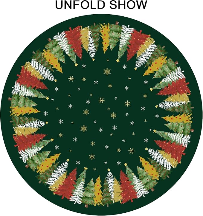 Sweetshow Xmas Trees Table Cloth Round 70 Inch Polyester Table Cover | Green Xmas Table Cloth Round White Snowflake Tablecloth Washable Stain and Wrinkle Xmas Round Table Cover for Dining Picnic