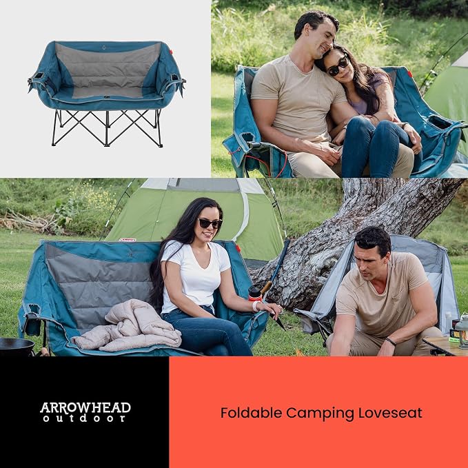 ARROWHEAD OUTDOOR 57 in Wide Duo Foldable Heated Camping Loveseat Chair | 57 in, 3-Stage Heating, Large Cup Holders, Glass Holders, Side Pockets, and Storage Pouches, and Grey, Beach, Tailgating