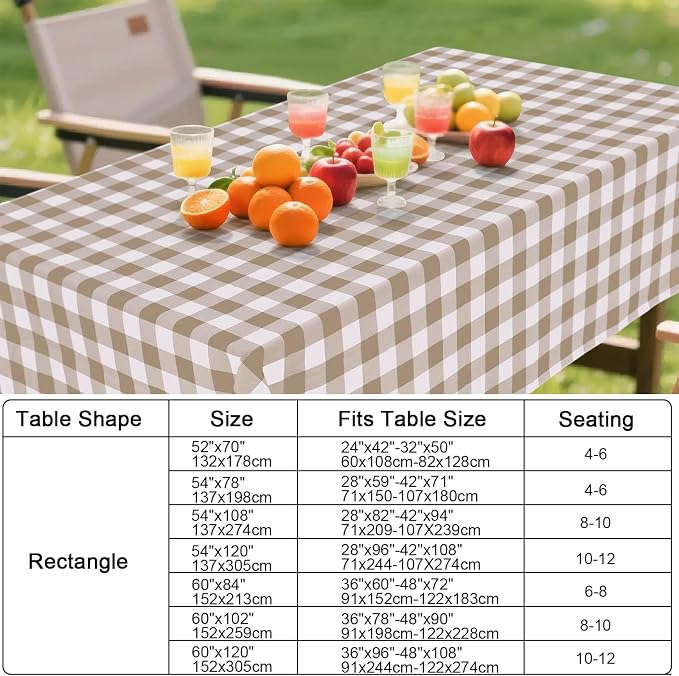 Smiry Picnic Table Cloth, Vinyl Tablecloths with Flannel Backing, 52"x90" | Waterproof Rectangle Table Cloth, Wipeable Buffalo Plaid Table Cover for Indoor and Outdoor (Khaki & White)