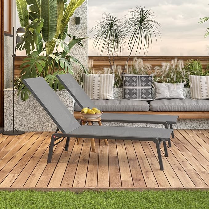 Patio Chaise Lounge Set of 2 with 4 Adjustable Backrest, Foldable Aluminum Chaise Lounge Chair Recliner for Outdoor, Poolside, Sun Tanning Grey
