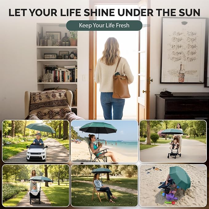 Chair Umbrella with Universal Clamp (Dark Green) | UPF 50+ UV Protection, Clip-on Outdoor Sports Umbrella for Beach Stroller Pool Camp, Compact Lightweight Portable Shade