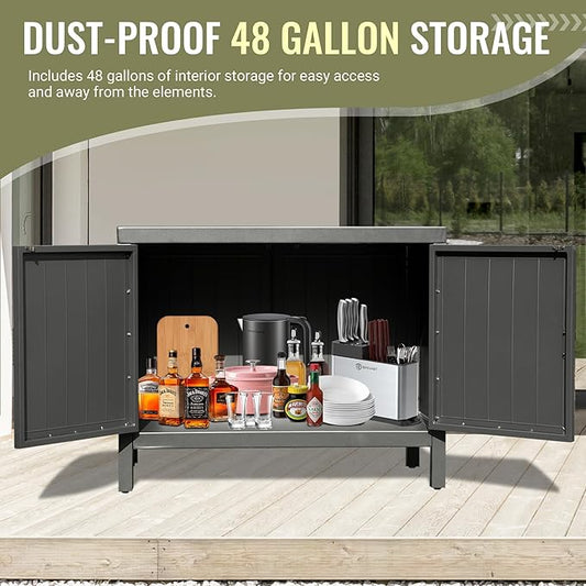 Domi Grill Carts Outdoor with Storage, Outdoor Kitchen Series with Whole Aluminum Finish & Countertop & Storage Space & Protective Cover, BBQ Grill Table for Deck Patio, Dark Gray