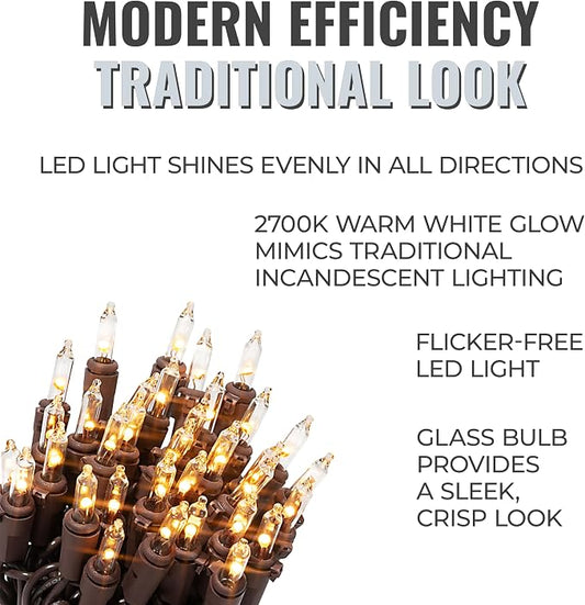 612 Vermont 35 LED Clear Christmas String Lights, Brown Wire Cord (2-Pack) | Flicker-Free LED Technology, Warm-White, UL Approved for Indoor Outdoor Use, 4.75 Feet Lighted Length, 6.1 Feet Total Length