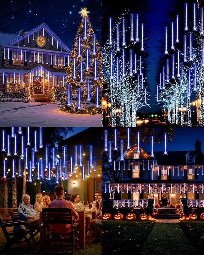PEMOTech Christmas Lights Outdoor,24 Tubes 30cm 576 Led Meteor Shower Lights, Waterproof Christmas Decorations Icicle Light for Xmas Tree Halloween Party, Outdoor Christmas Decorations,Ul Plug,Blue