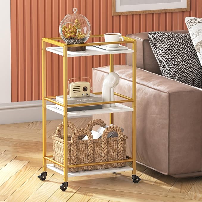 Lifewit Mini 3 Tier Rolling Bar Cart with Lockable Wheels, Gold | Drink serving liquor utility cart for dining living room, compact size 17 x 11.8 x 32.1 inch, mobile wine storage trolley