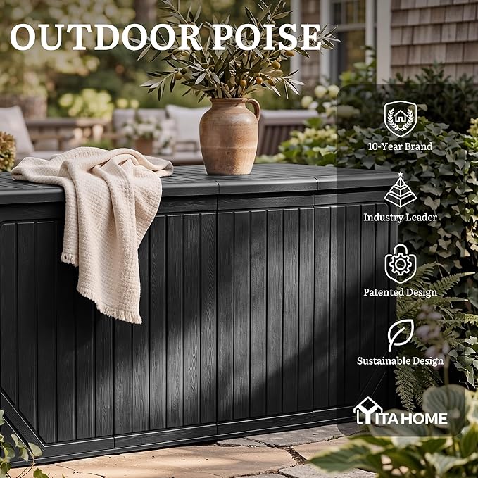 YITAHOME XXL 300 Gallon Extra Large Outdoor Deck Box, Lockable Resin Double-Wall Storage Box and Waterproof Patio Furniture Bin for Garden Tools & Pool Accessories, Black