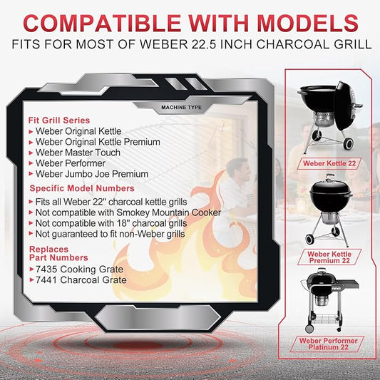 7436 Cooking Grate Hinged for Weber 22" Original Kettle Charcoal Grills, Round Replacement Grate for Weber Performer, Jumbo Joe Premium, Master-Touch,Bar-B-Kettle & Other 22 Inch Charcoal Grills