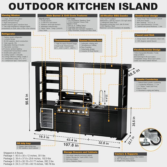 107.8" 6-Burner Modular Outdoor Kitchen Island, 85000 BTU Propane Gas Grill | Rear Infrared, Galvanized Steel Roof, Granite Countertop, Fridge, 360° Pull-Out Faucet,304 Sink, Rotisserie