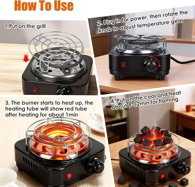 500W Electric Hookah Charcoal Burner - 5 Temperature Gears with Thermostat Safety, Stainless Steel Coil & Bonus Accessories for Indoor/Outdoor Use