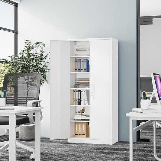 Fesbos Metal Storage Cabinet-72โ Tall Steel File Cabinets with Lockable Doors and 5 Adjustable Shelves-White Steel Storage Cabinet for Home, School, Office, Garage