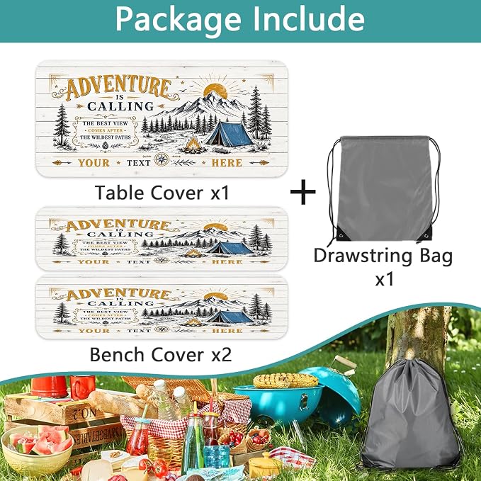 Forest Mountain Sun Wooden Picnic Table Cover with Bench Covers and Bag | Elastic Edges Camper Fitted Table Cover, 96 Inch 3 PCS Outdoor Patio Camping Essentials, Waterproof Camping Fitted Tablecloth