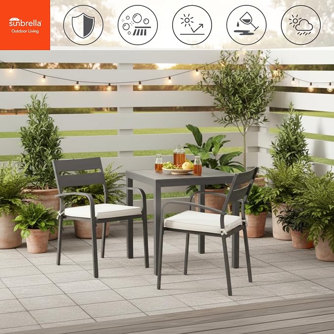 Indoor/Outdoor Chair Pads in Sunbrella Fabric – 17''x17'' Patio Seat Cushions with Foam Insert, Removable Reversible Cover & Ties for Patio Dining Chairs – Set of 2 or 4, Cast Pumice