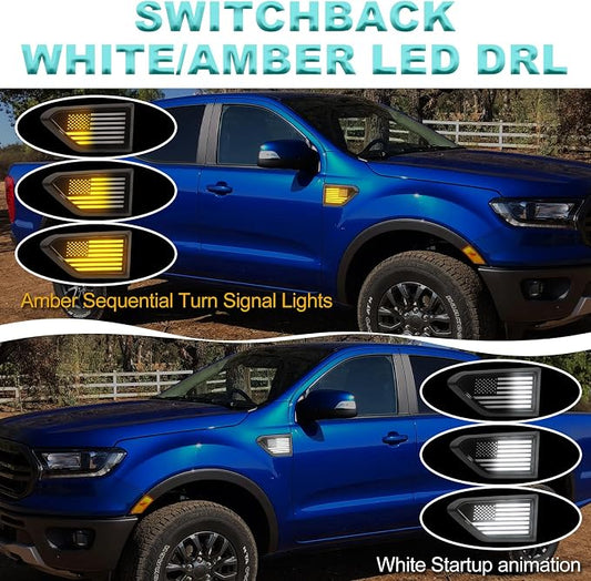 Led Amber Grill Lights and Fender Light for Ford Ranger Accessories 2019-2023 Bundle -Switchback DRL with Amber Turn Signal & Vehicle-Custom Grille Lights