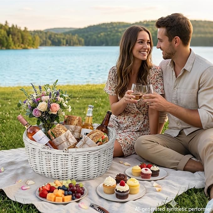 Wicker Picnic Basket 15"x11"x7" Insulated Liner Red White Stars | Insulated Zip Liner Helps Keep Drinks and Snacks Cool, Sturdy Woven Basket Suits Parks, Camping, Holidays and Gift Giving