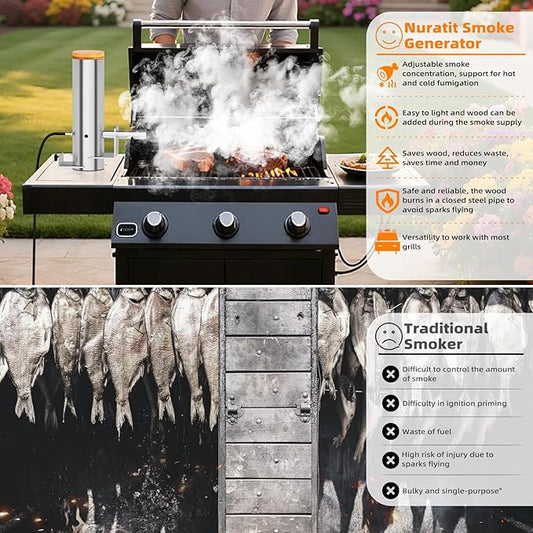Smoke Generator, Hot and Cold Smoke Generator with Lid & Air Pump, Portable Electric Smoker Grill, Stainless Steel Pellet Smoker Tube, BBQ Premium Smoking Accessories for Smoking Meats and Vegetables